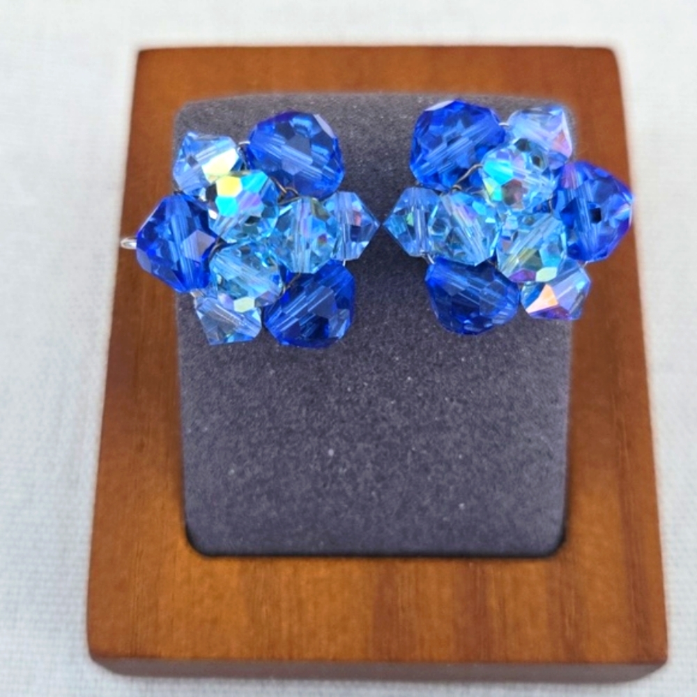 Vintage Faceted Blue Bead Cluster Clip-On Earrings - Japan